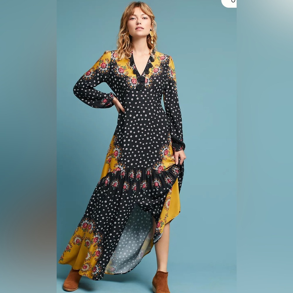 FARM Rio Black & Mustard Mixed-Print Long Sleeve Maxi Dress